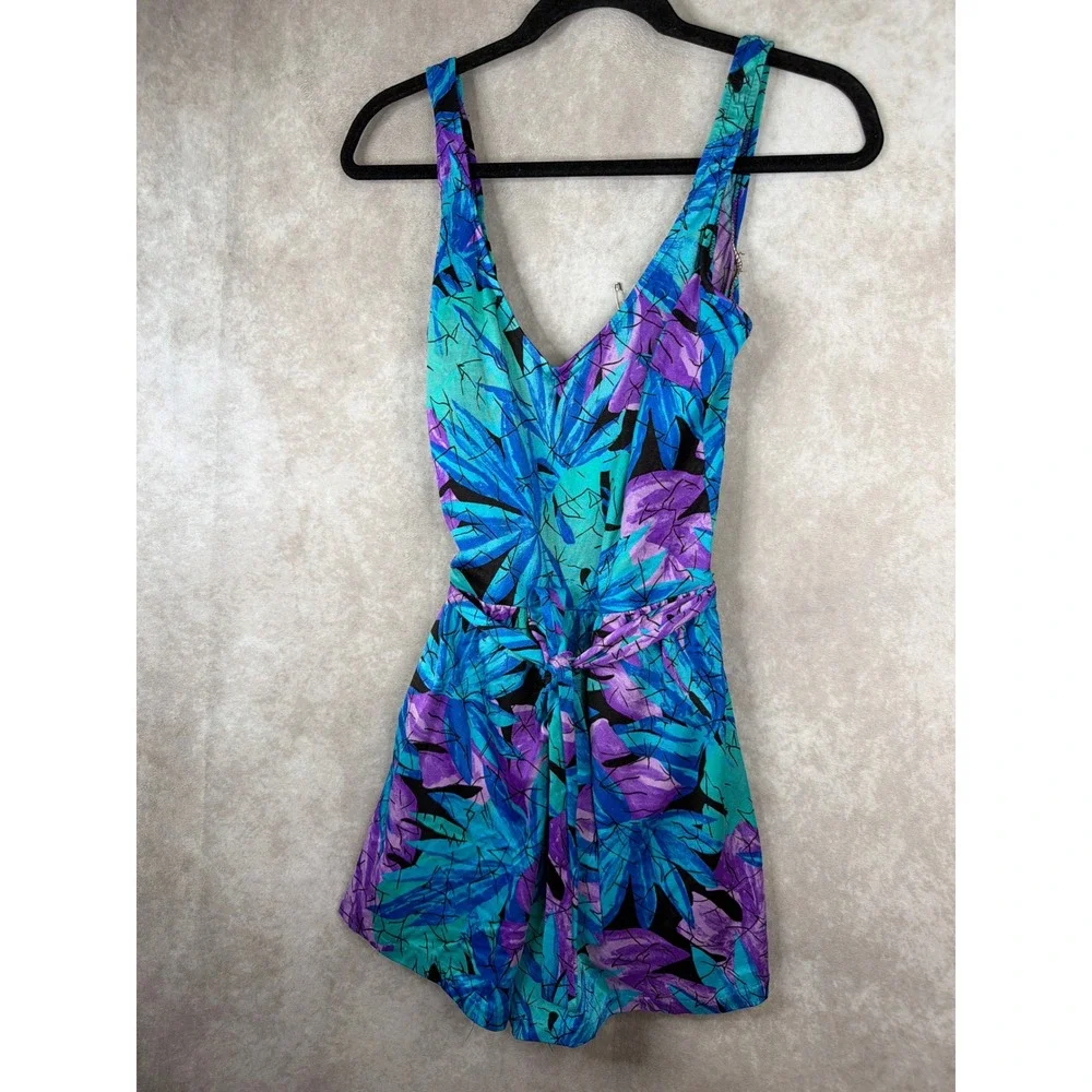 Maxine‎ of Hollywood Swim Dress Women 16 Blue Purple Tropical Leaf Vintage 90s
